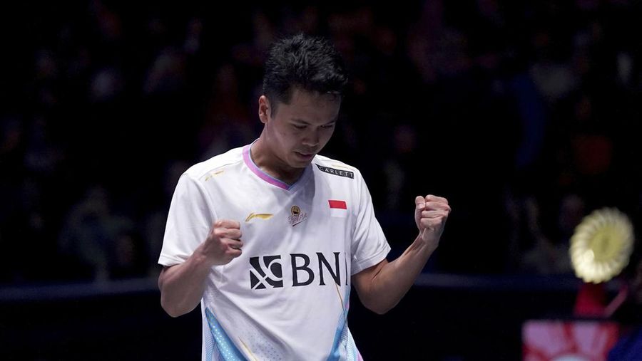 Indonesia's Jonatan Christie celebrates after winning the men's singles semi final match against India's Lakshya Sen at the All England Open Badminton Championships at the Utilita Arena in Birmingham, England, Saturday, March 16, 2024. (AP Photo/Rui Vieira)