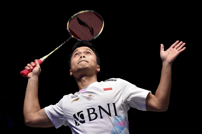 Indonesia's Anthony Sinisuka Ginting plays a shot during the men's singles semi final match against France's Christo Popov at the All England Open Badminton Championships at the Utilita Arena in Birmingham, England, Saturday, March 16, 2024. (AP Photo/Rui Vieira)