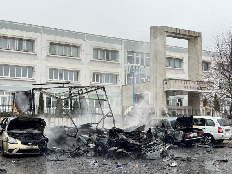 A view shows destroyed cars following an incident which local authorities said was a Ukrainian missile attack, in the course of Russia-Ukraine conflict in Belgorod, Russia, March 16, 2024. Telegram channel of Governor of Belgorod Region Vyacheslav Gladkov/Handout via REUTERS ATTENTION EDITORS - THIS IMAGE WAS PROVIDED BY A THIRD PARTY. NO RESALES. NO ARCHIVES. MANDATORY CREDIT.