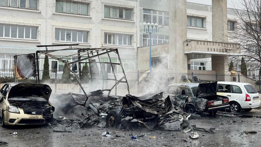 A view shows destroyed cars following an incident which local authorities said was a Ukrainian missile attack, in the course of Russia-Ukraine conflict in Belgorod, Russia, March 16, 2024. Telegram channel of Governor of Belgorod Region Vyacheslav Gladkov/Handout via REUTERS ATTENTION EDITORS - THIS IMAGE WAS PROVIDED BY A THIRD PARTY. NO RESALES. NO ARCHIVES. MANDATORY CREDIT.