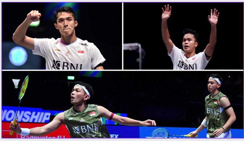 All England 2024 Tunggal Putra Indonesia Jonatan Christie, Anthony Sinisuka Ginting dan Ganda Puta Fajar Alfian-Muhammad Rian Ardianto. (AP Photo)