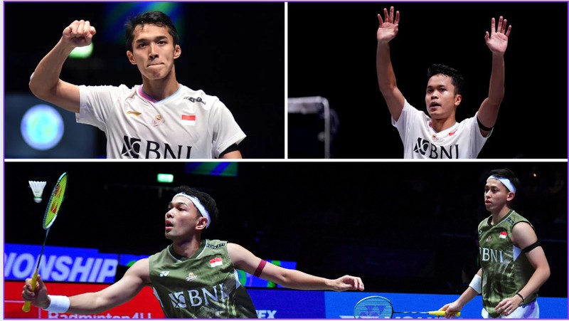 Tunggal Putra Indonesia Jonatan Christie, Anthony Sinisuka Ginting dan Ganda Puta Fajar Alfian-Muhammad Rian Ardianto. (AP Photo)