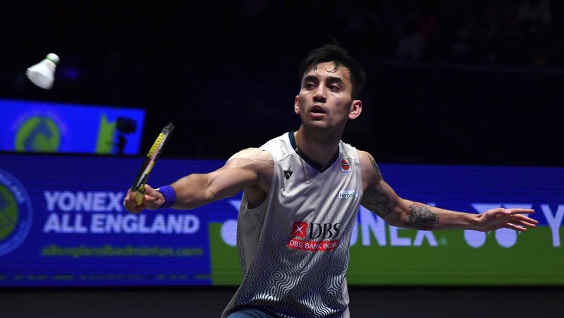 Indonesia's Jonatan Christie celebrates after winning the men's singles semi final match against India's Lakshya Sen at the All England Open Badminton Championships at the Utilita Arena in Birmingham, England, Saturday, March 16, 2024. (AP Photo/Rui Vieira)
