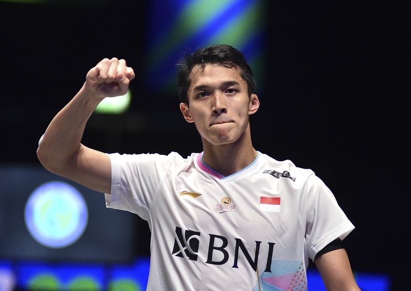 Britain World Badminton Championships Indonesia's Jonatan Christie celebrates after winning the men's singles semi final match against India's Lakshya Sen at the All England Open Badminton Championships at the Utilita Arena in Birmingham, England, Saturday, March 16, 2024. (AP Photo/Rui Vieira)