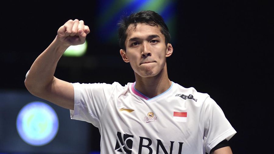 Indonesia's Jonatan Christie celebrates after winning the men's singles semi final match against India's Lakshya Sen at the All England Open Badminton Championships at the Utilita Arena in Birmingham, England, Saturday, March 16, 2024. (AP Photo/Rui Vieira)