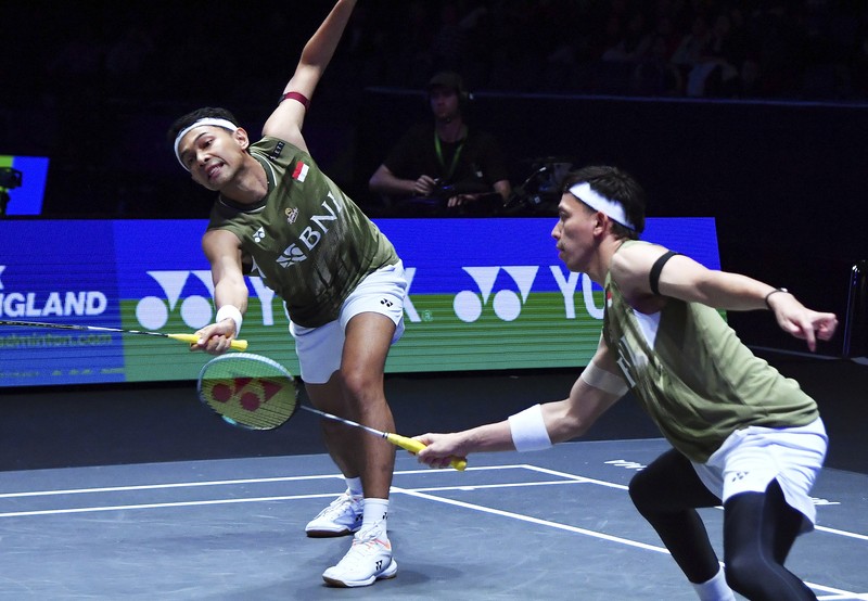 All England 2024 Tunggal Putra Indonesia Jonatan Christie, Anthony Sinisuka Ginting dan Ganda Puta Fajar Alfian-Muhammad Rian Ardianto. (AP Photo)