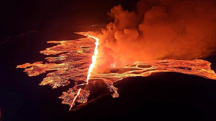 A volcanic eruption takes place, near Grindavik, Iceland, March 16, 2024, in this handout picture obtained by Reuters.   Public Security Department of Icelandic Police/Handout via REUTERS    THIS IMAGE HAS BEEN SUPPLIED BY A THIRD PARTY     TPX IMAGES OF THE DAY