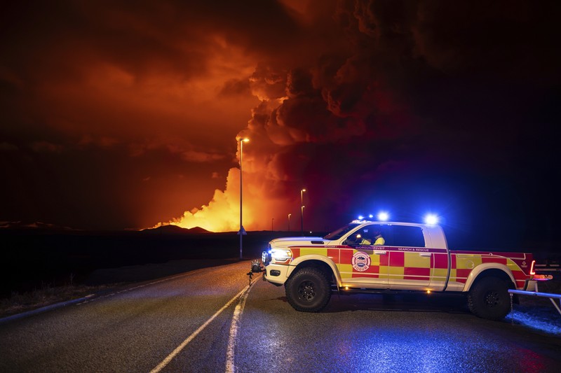 A volcanic eruption takes place, near Grindavik, Iceland, March 16, 2024, in this handout picture obtained by Reuters.   Public Security Department of Icelandic Police/Handout via REUTERS    THIS IMAGE HAS BEEN SUPPLIED BY A THIRD PARTY     TPX IMAGES OF THE DAY