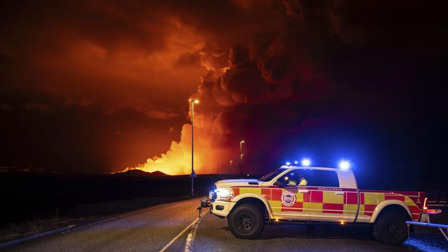 A volcanic eruption takes place, near Grindavik, Iceland, March 16, 2024, in this handout picture obtained by Reuters.   Public Security Department of Icelandic Police/Handout via REUTERS    THIS IMAGE HAS BEEN SUPPLIED BY A THIRD PARTY     TPX IMAGES OF THE DAY