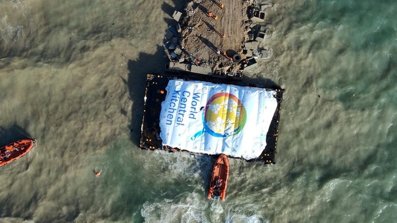 World Central Kitchen (WCK) barge loaded with food arrives off the Gaza coast, where there is risk of famine after five months of Israel's military campaign, in this handout image released March 15, 2024. Israel Defense Forces/Handout via REUTERS    THIS IMAGE HAS BEEN SUPPLIED BY A THIRD PARTY