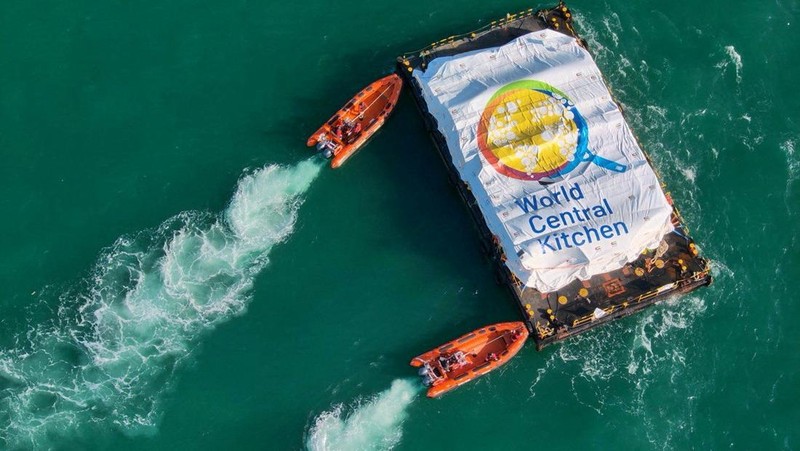 World Central Kitchen (WCK) barge loaded with food arrives off the Gaza coast, where there is risk of famine after five months of Israel's military campaign, in this handout image released March 15, 2024. Israel Defense Forces/Handout via REUTERS    THIS IMAGE HAS BEEN SUPPLIED BY A THIRD PARTY