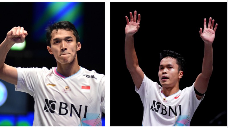 Indonesia's Jonatan Christie celebrates after winning the men's singles semi final match against India's Lakshya Sen at the All England Open Badminton Championships at the Utilita Arena in Birmingham, England, Saturday, March 16, 2024. (AP Photo/Rui Vieira)