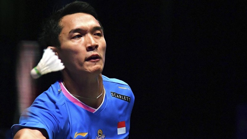 Pebulutangkis Indonesia Jonatan Christie juara All england 2024 di Utilita Arena, Birmingham, Inggris, Minggu (17/3/2024). (AP Photo/Rui Vieira)