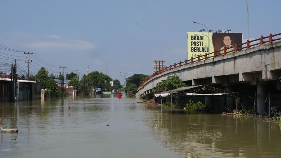 Kondisi genangan banjir di ruas jalan Karanganyar Demak, Rabu (20/3/2024). (Dok. Detikjateng/Dian Utoro Aji)