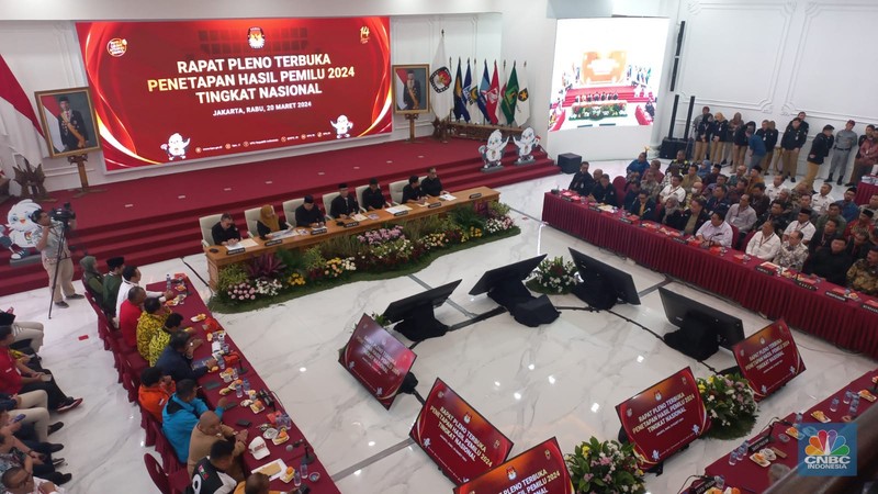Ketua KPU RI, Hasyim Asy'ari membacakan berita acara saat rapat pleno terbuka penetapan hasil Pemilu 2024 tingkat nasional di Kantor KPU RI, Jakarta, Rabu (20/3/2024). (CNBC Indonesia/Muhammad Sabki) Ketua KPU RI, Hasyim Asy'ari membacakan berita acara saat rapat pleno terbuka penetapan hasil Pemilu 2024 tingkat nasional di Kantor KPU RI, Jakarta, Rabu (20/3/2024). (CNBC Indonesia/Muhammad Sabki)