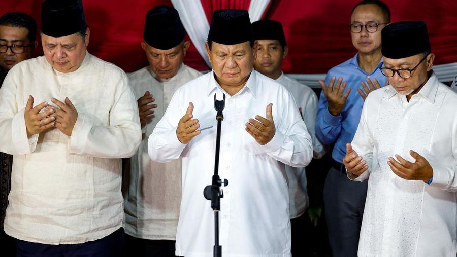 Calon presiden nomor urut 02 Praowo Subianto saat knferensi pers usai Penetapan Hasil Pilpres KPU 2024 di Kartanegara, Jakarta, Rabu (20/3/2024).  (REUTERS/Willy Kurniawan)