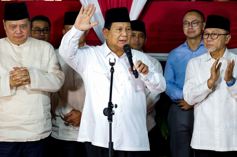 Calon presiden nomor urut 02 Praowo Subianto saat knferensi pers usai Penetapan Hasil Pilpres KPU 2024 di Kartanegara, Jakarta, Rabu (20/3/2024). (CNBC Indonesia/Romys)