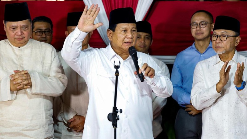 Calon presiden nomor urut 02 Praowo Subianto saat knferensi pers usai Penetapan Hasil Pilpres KPU 2024 di Kartanegara, Jakarta, Rabu (20/3/2024). (CNBC Indonesia/Romys)