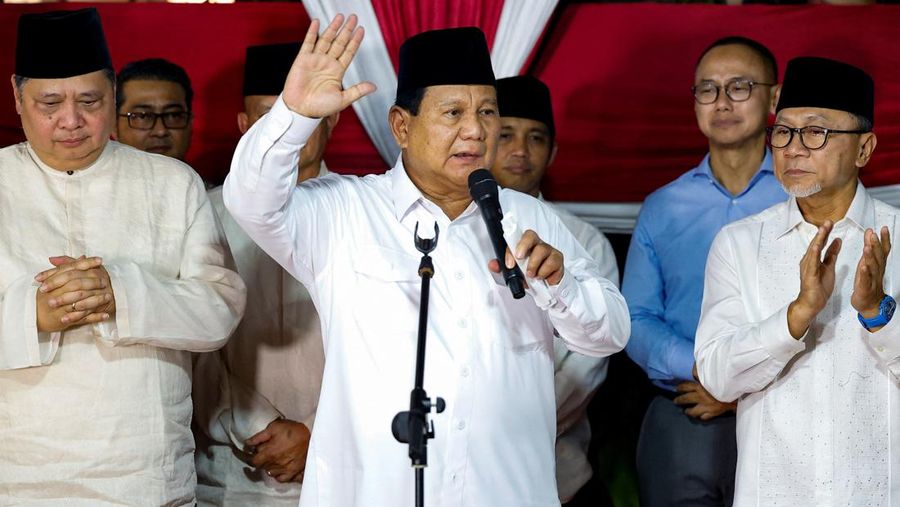 Calon presiden nomor urut 02 Praowo Subianto saat knferensi pers usai Penetapan Hasil Pilpres KPU 2024 di Kartanegara, Jakarta, Rabu (20/3/2024). (REUTERS/Willy Kurniawan)