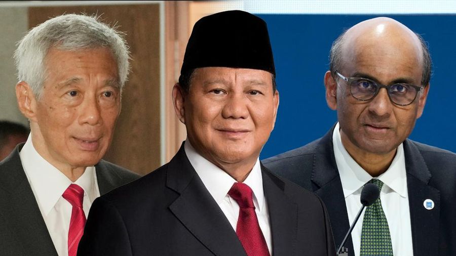Foto Kolase (Kiri ke kanan) PM Singapura Lee Hsien Loong, Prabowo Subianto, dan Presiden Singapura Tharman Shanmugaratnam. (Instagram @prabowo dan AP Photo)