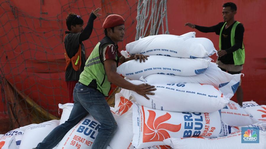 Suasana aktivitas pembongkaran beras impor dari Vietnam yang baru tiba di Terminal Pelabuhan Tanjung Priok, Jakarta, dengan menggunakan Kapal MP Fortune, Kamis (21/3/2024). (վ/Tri Susilo)