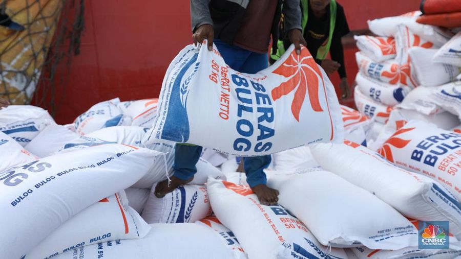 Suasana aktivitas pembongkaran beras impor dari Vietnam yang baru tiba di Terminal Pelabuhan Tanjung Priok, Jakarta, dengan menggunakan Kapal MP Fortune, Kamis (21/3/2024). (²©²ÊÍøÕ¾/Tri Susilo)