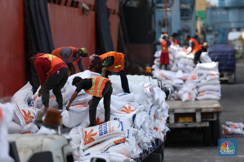 Suasana aktivitas pembongkaran beras impor dari Vietnam yang baru tiba di Terminal Pelabuhan Tanjung Priok, Jakarta, dengan menggunakan Kapal MP Fortune, Kamis (21/3/2024). Suasana aktivitas pembongkaran beras impor dari Vietnam yang baru tiba di Terminal Pelabuhan Tanjung Priok, Jakarta, dengan menggunakan Kapal MP Fortune, Kamis (21/3/2024). (CNBC Indonesia/Tri Susilo)