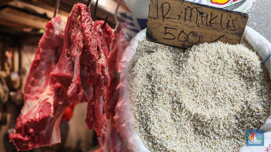 Foto kolase daing sapi dan beras. (CNBC Indonesia)