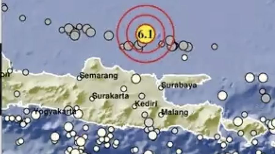 Titik lokasi gempa 6,1 SR di Tuban, Jawa Timur, Jumat (22/3/2024). (X/infoBMKG)