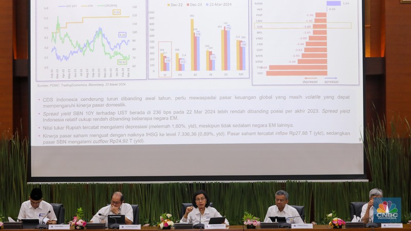 Menteri Keuangan Sri Mulyani memberikan keterangan saat konferensi pers APBN KiTa di kantor Kementerian Keuangan, Jakarta, Senin (25/3/2022). Menteri Keuangan Sri Mulyani memberikan keterangan saat konferensi pers APBN KiTa di kantor Kementerian Keuangan, Jakarta, Senin (25/3/2022). (CNBC Indonesia/Faisal Rahman)