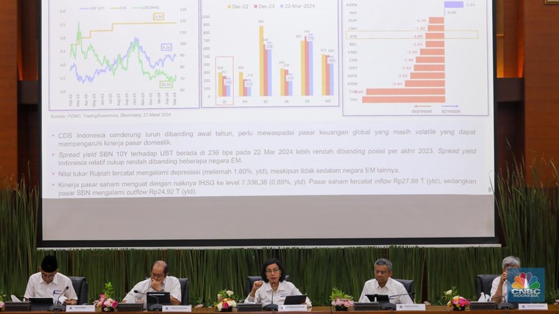 Menteri Keuangan Sri Mulyani memberikan keterangan saat konferensi pers APBN KiTa di kantor Kementerian Keuangan, Jakarta, Senin (25/3/2022). (վ/Faisal Rahman)