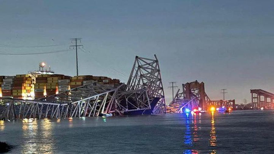 A view of the Singapore-flagged container ship 'Dali' after it collided with a pillar of the Francis Scott Key Bridge in Baltimore, Maryland, U.S., in this picture released on March 26, 2024. Harford County MD Fire & EMS/Handout via REUTERS  THIS IMAGE HAS BEEN SUPPLIED BY A THIRD PARTY NO RESALES. NO ARCHIVES MANDATORY CREDIT