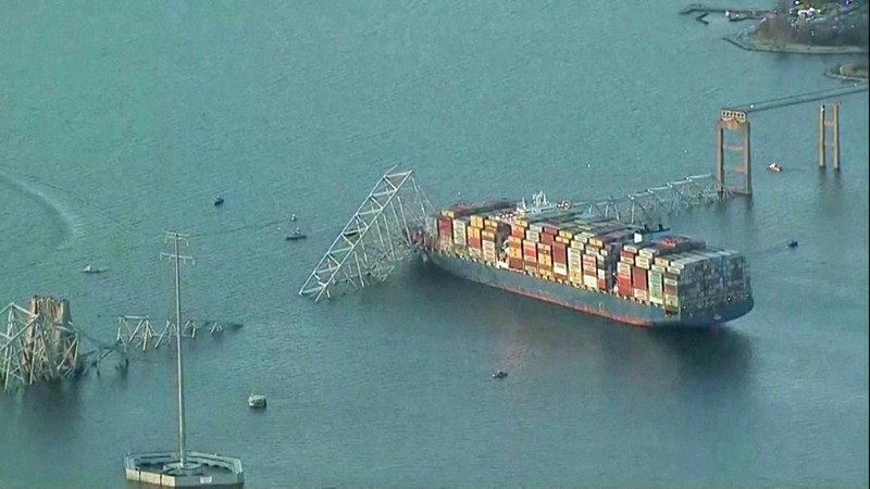 An aerial view of the Dali cargo vessel which crashed into the Francis Scott Key Bridge causing it to collapse in Baltimore, Maryland, U.S., March 26, 2024, in this still image taken from a video.    ABC AFFILIATE WJLA via REUTERS.  NO RESALES. NO ARCHIVES. MANDATORY CREDIT. THIS IMAGE HAS BEEN SUPPLIED BY A THIRD PARTY