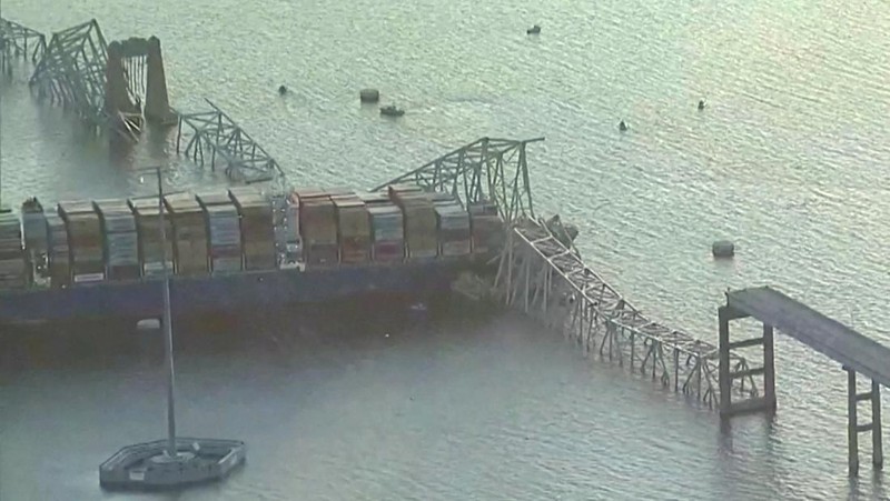 An aerial view of the Dali cargo vessel which crashed into the Francis Scott Key Bridge causing it to collapse in Baltimore, Maryland, U.S., March 26, 2024, in this still image taken from a video.    ABC AFFILIATE WJLA via REUTERS.  NO RESALES. NO ARCHIVES. MANDATORY CREDIT. THIS IMAGE HAS BEEN SUPPLIED BY A THIRD PARTY