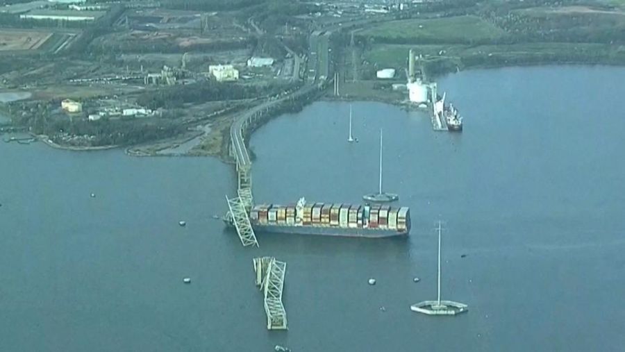An aerial view of the Dali cargo vessel which crashed into the Francis Scott Key Bridge causing it to collapse in Baltimore, Maryland, U.S., March 26, 2024, in this still image taken from a video.    ABC AFFILIATE WJLA via REUTERS.  NO RESALES. NO ARCHIVES. MANDATORY CREDIT. THIS IMAGE HAS BEEN SUPPLIED BY A THIRD PARTY