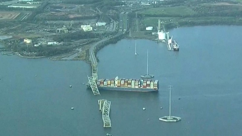 An aerial view of the Dali cargo vessel which crashed into the Francis Scott Key Bridge causing it to collapse in Baltimore, Maryland, U.S., March 26, 2024, in this still image taken from a video.    ABC AFFILIATE WJLA via REUTERS.  NO RESALES. NO ARCHIVES. MANDATORY CREDIT. THIS IMAGE HAS BEEN SUPPLIED BY A THIRD PARTY