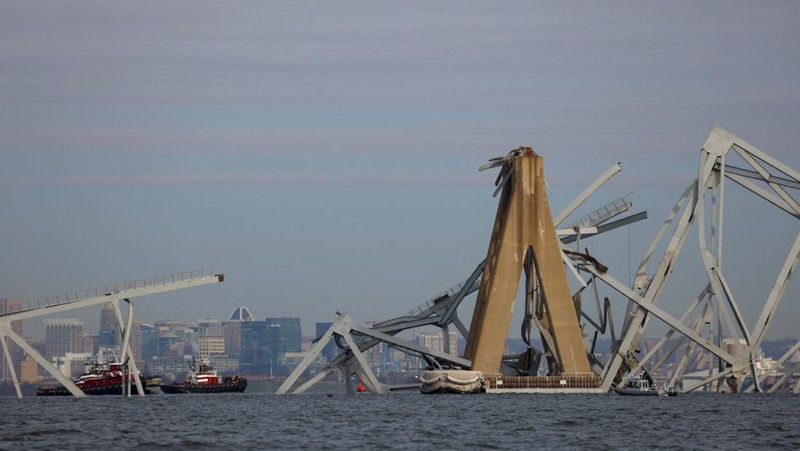 An aerial view of the Dali cargo vessel which crashed into the Francis Scott Key Bridge causing it to collapse in Baltimore, Maryland, U.S., March 26, 2024, in this still image taken from a video.    ABC AFFILIATE WJLA via REUTERS.  NO RESALES. NO ARCHIVES. MANDATORY CREDIT. THIS IMAGE HAS BEEN SUPPLIED BY A THIRD PARTY