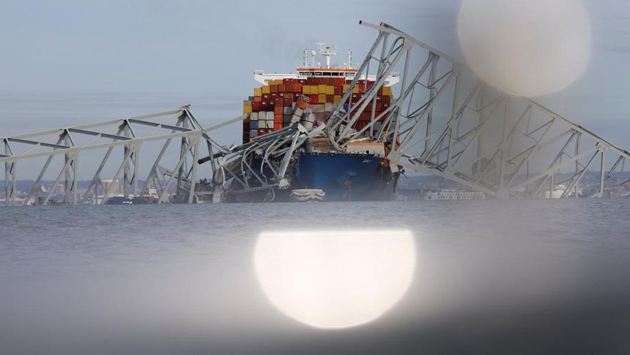 A view of the Dali cargo vessel which crashed into the Francis Scott Key Bridge causing it to collapse in Baltimore, Maryland, U.S., March 26, 2024.  REUTERS/Julia Nikhinson