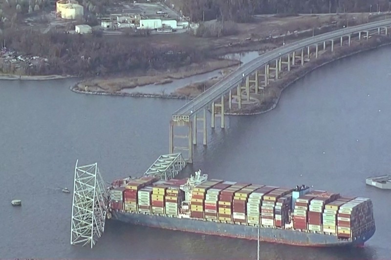 MARYLAND-INCIDENT/BRIDGE An aerial view of the Dali cargo vessel which crashed into the Francis Scott Key Bridge causing it to collapse in Baltimore, Maryland, U.S., March 26, 2024, in this still image taken from a video. ABC AFFILIATE WJLA via REUTERS. NO RESALES. NO ARCHIVES. MANDATORY CREDIT. THIS IMAGE HAS BEEN SUPPLIED BY A THIRD PARTY