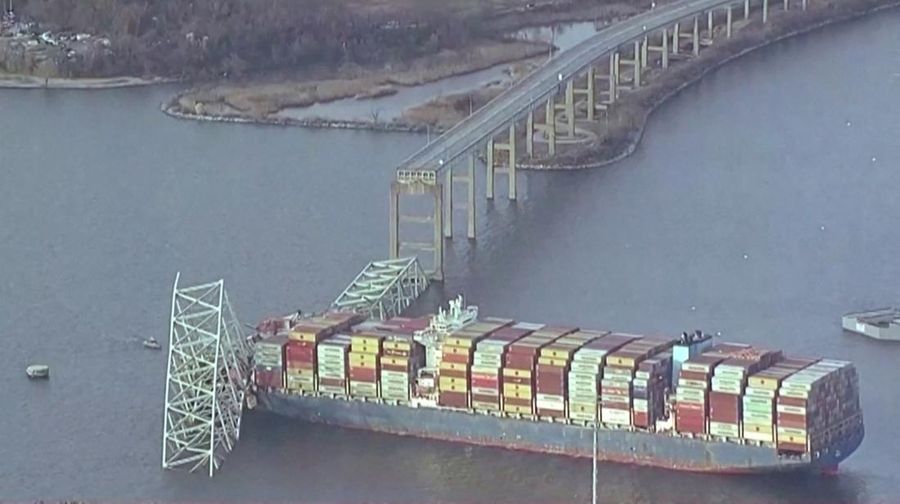 An aerial view of the Dali cargo vessel which crashed into the Francis Scott Key Bridge causing it to collapse in Baltimore, Maryland, U.S., March 26, 2024, in this still image taken from a video. ABC AFFILIATE WJLA via REUTERS. NO RESALES. NO ARCHIVES. MANDATORY CREDIT. THIS IMAGE HAS BEEN SUPPLIED BY A THIRD PARTY