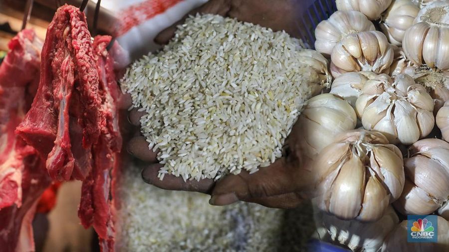 Foto Kolase Daging Sapi, Beras, dan Bawang Putih. (վ)
