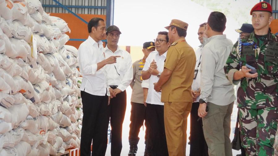 Presiden Jokowi meninjau langsung penyaluran banpang beras di Gudang Perum Bulog Kalangkangan, Tolitoli, Sulawesi Tengah, Rabu (27/3/2024). (dok. Bapanas)