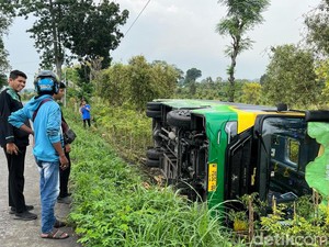 Bus Trans Jatim Terguling ke Kebun Cabai Mojokerto gegara Hindari Pemotor