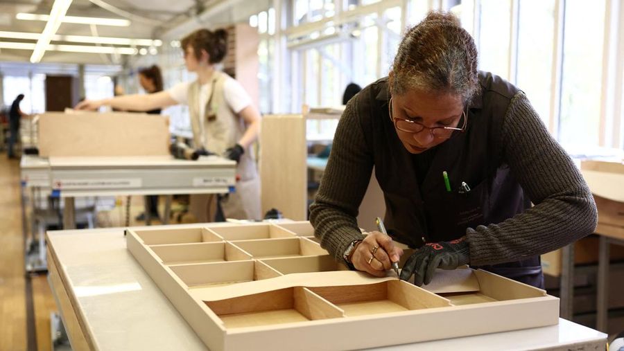 Trunks from the Louis Vuitton collection are displayed in the trunks museum at the Louis Vuitton workshops in Asnieres-sur-Seine near Paris, France, March 27, 2024. REUTERS/Stephanie Lecocq