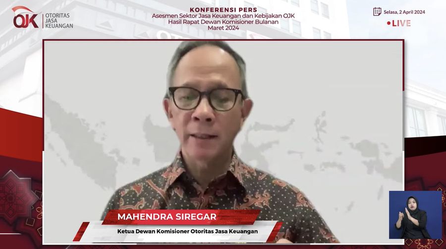 Ketua Dewan Komisioner Otoritas Jasa Keuangan Mahendra Siregar memberikan pemaparan dalam Konferensi Pers Asesmen Sektor Jasa Keuangan & Kebijakan OJK Hasil RDK Bulanan Maret 2024. (Tangkapan Layar Youtube Otoritas Jasa Keuangan)