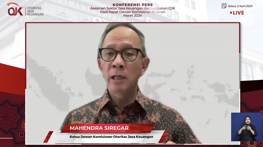 Ketua Dewan Komisioner Otoritas Jasa Keuangan Mahendra Siregar memberikan pemaparan dalam Konferensi Pers Asesmen Sektor Jasa Keuangan & Kebijakan OJK Hasil RDK Bulanan Maret 2024. (Tangkapan Layar Youtube Otoritas Jasa Keuangan)