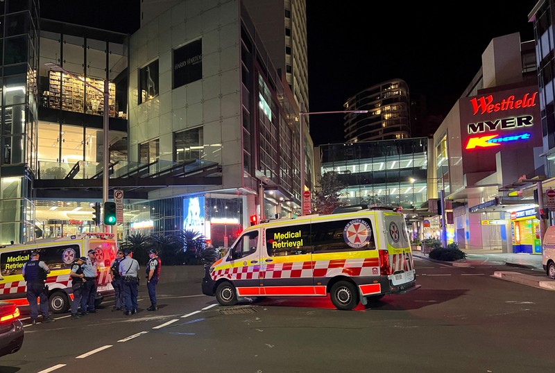 Emergency service workers are seen near Bondi Junction after multiple people were stabbed inside the Westfield Bondi Junction shopping centre in Sydney, April 13, 2024.AAP Image/Steven Saphore via REUTERS   ATTENTION EDITORS - THIS IMAGE WAS PROVIDED BY A THIRD PARTY. NO RESALES. NO ARCHIVE. AUSTRALIA OUT. NEW ZEALAND OUT. NO COMMERCIAL OR EDITORIAL SALES IN NEW ZEALAND. NO COMMERCIAL OR EDITORIAL SALES IN AUSTRALIA.