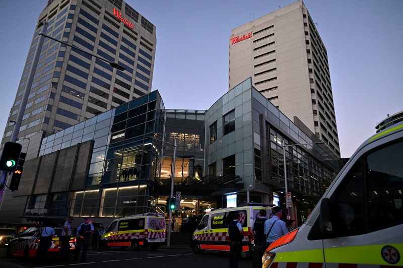 AUSTRALIA-CRIME/ Emergency service workers are seen near Bondi Junction after multiple people were stabbed inside the Westfield Bondi Junction shopping centre in Sydney, April 13, 2024.AAP Image/Steven Saphore via REUTERS ATTENTION EDITORS - THIS IMAGE WAS PROVIDED BY A THIRD PARTY. NO RESALES. NO ARCHIVE. AUSTRALIA OUT. NEW ZEALAND OUT. NO COMMERCIAL OR EDITORIAL SALES IN NEW ZEALAND. NO COMMERCIAL OR EDITORIAL SALES IN AUSTRALIA.