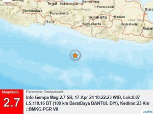 Gempa M 2,7 Terjadi di Perairan Bantul