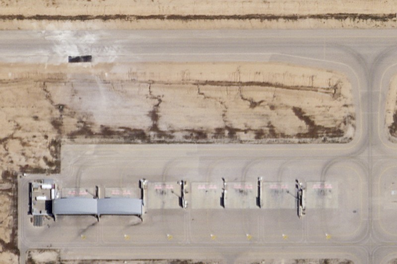 This satellite photo taken by Planet Labs PBC shows Israel's Nevatim air base on Friday, April 19, 2024. An Iranian attack on an Israeli desert air base as part of Tehran's unprecedented assault on the country damaged a taxiway, a satellite image analyzed by The Associated Press on Saturday shows. (Planet Labs PBC via AP)